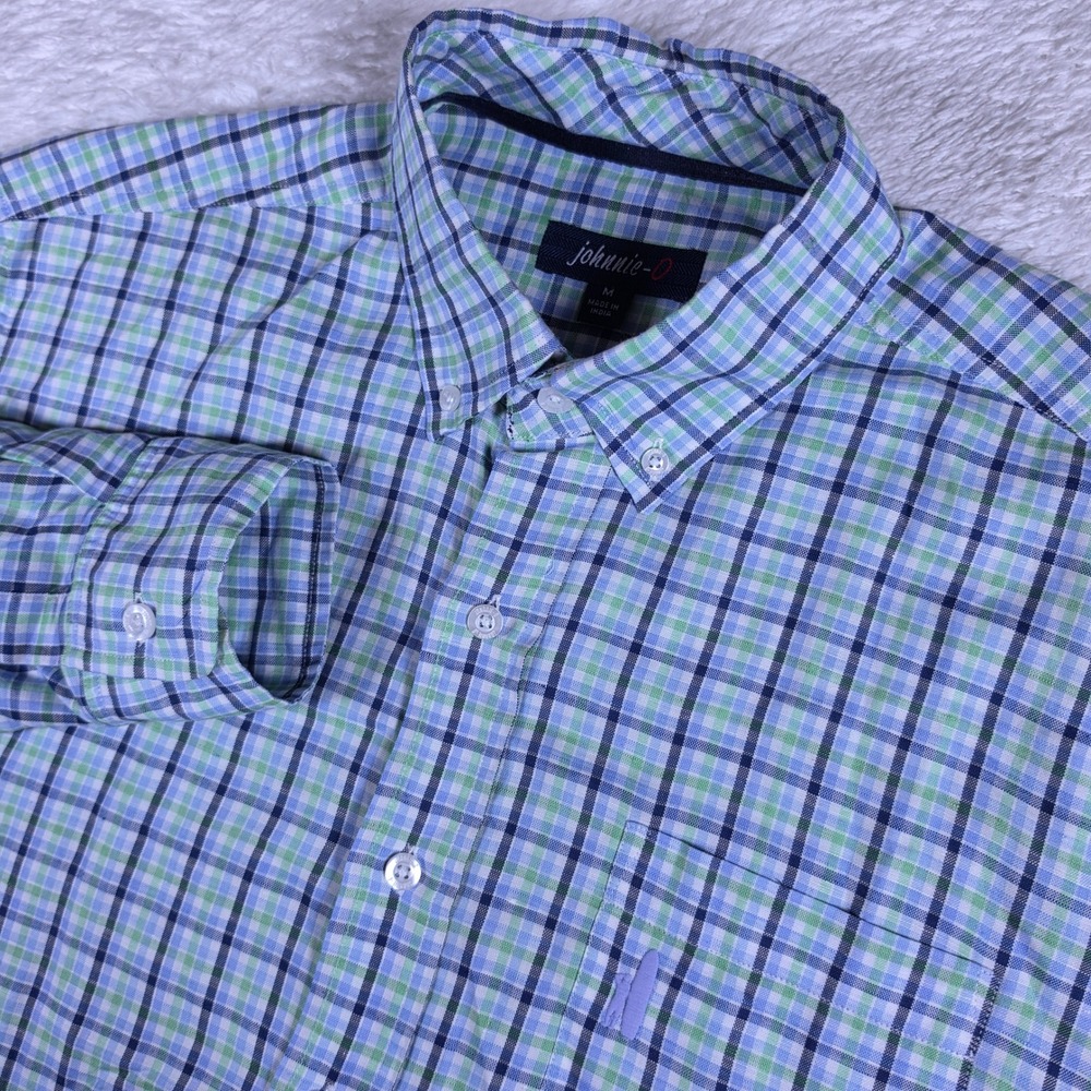 Johnnie-O JMWL1130 Mens M Blue Green Linen Cotton Plaid L/S Button Up Shirt